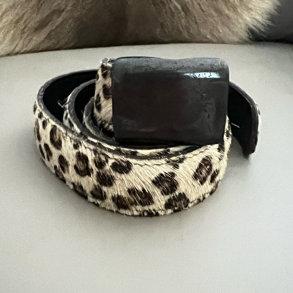 Leopard Print Leather & Cowhide Belt with Black Buckle